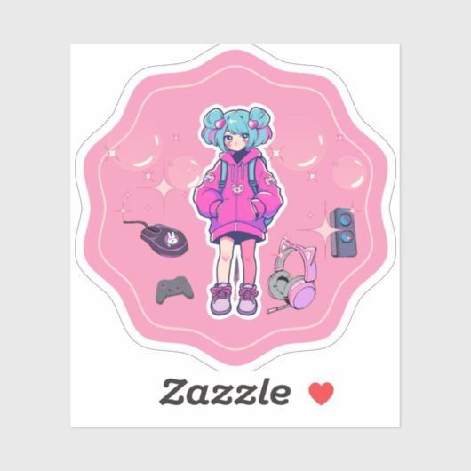 Custom-Cut Vinyl Sticker, gamer meisje, roze Sticker (Vel)