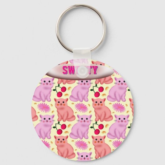 Custom Cute Cat Cherry Floral Pattern Sleutelhanger (Voorkant)
