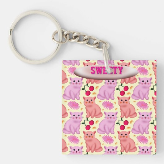 Custom Cute Cat Cherry Floral Pattern Sleutelhanger (voorkant)