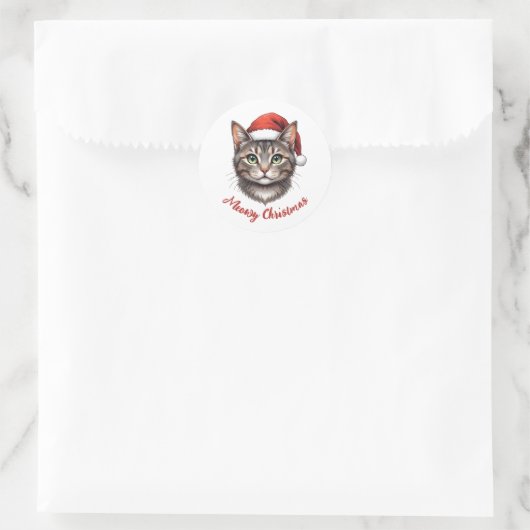 Custom Cute Christmas Cat with Santa Hat Ronde Sticker (Tas)