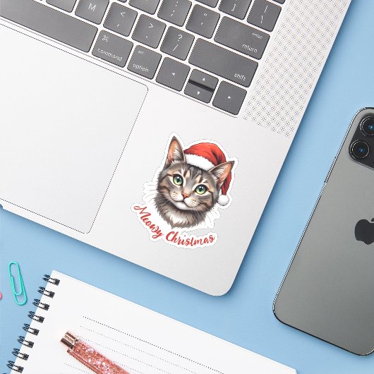 Custom Cute Christmas Cat with Santa Hat Sticker (Laptop met iPhone)