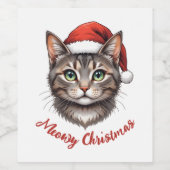 Custom Cute Christmas Cat with Santa Hat Wijn Etiket (Enkel label)