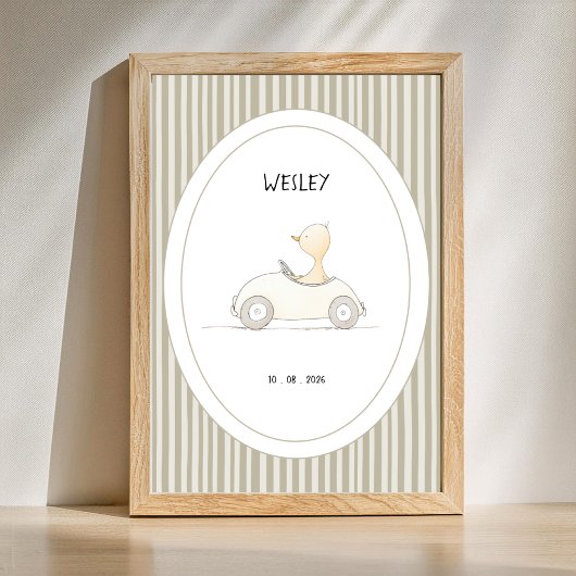 Custom Cute Duck Race Car Nursery Name Date Poster