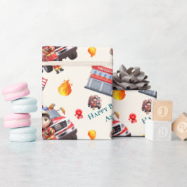 Custom Cute Fun 3D Firefighter Girls Birthday |  Cadeaupapier