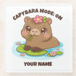 Custom Cute Kawaii Capybara Mode Glass Coaster Glazen Onderzetter<br><div class="desc">Custom Cute Kawaii Capybara Mode Glass Coaster 🥤🧡 Add capybara chill to your table! This adorable kawaii capybara glass coaster features a sweet capybara relaxing in water with lily pads and flowers — plus fully customizable text. In seconds, make it yours: edit the top phrase (keep “Capybara Mode: ON” or...</div>