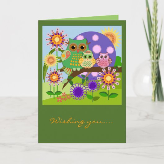 Custom Cute Owls Floral Birthday card w Text Kaart (Voorkant)