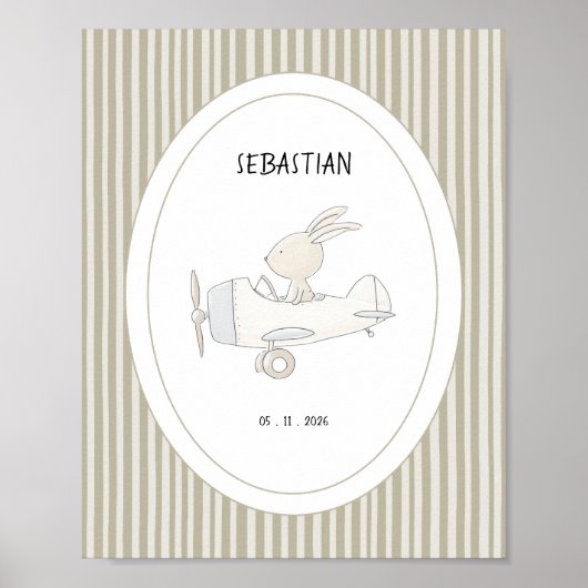 Custom Cute Pilot Bunny Nursery Name Date Poster (Voorkant)