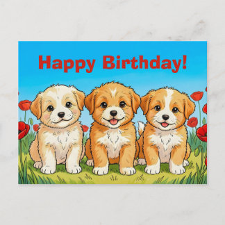 Custom Cute Puppies & Red Poppies Happy Birthday Feestdagenkaart