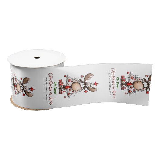 Custom Cute Reindeer “Oh Deer Christmas Is Here” Satijnen Lint (Spoel)