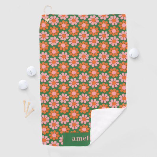 Custom Cute Retro Flower Checkerboard Pink Green   Golfhanddoek (Insitu)