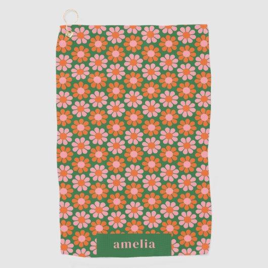 Custom Cute Retro Flower Checkerboard Pink Green   Golfhanddoek (Voorkant)