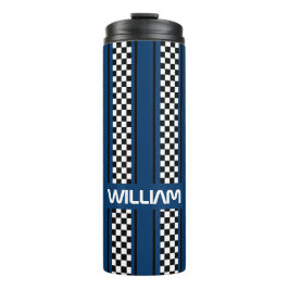 Custom Dark Blue Black Race Sport Stripe Thermosbeker