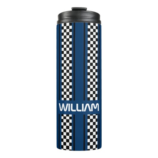 Custom Dark Blue Black Race Sport Stripe Thermosbeker (Voorkant)