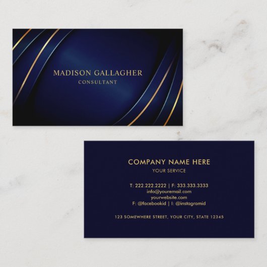 Custom Dark Navy blauw en goud professional Visitekaartje (Voorkant / Achterkant)
