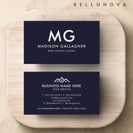 Custom Dark Navy Blue White makelaar Visitekaartje