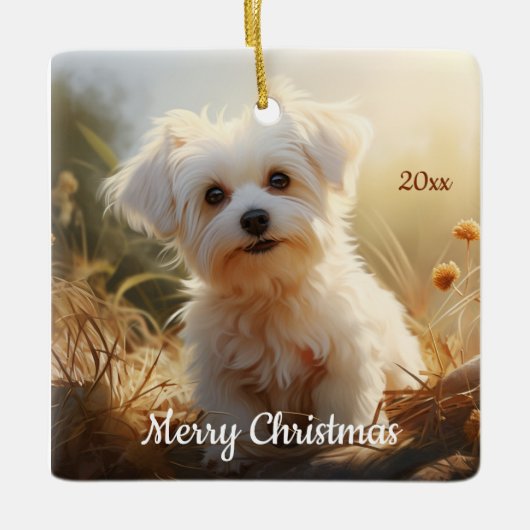 Custom Dated Christmas Maltese Hond Huisdier Dier Keramisch Ornament (Voorkant)