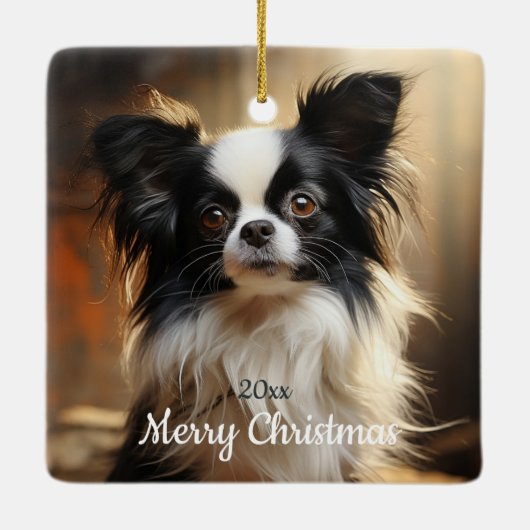 Custom Dated Christmas Papillon Hond Dier Keramisch Ornament (Achterkant)