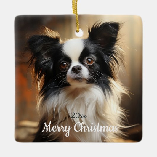 Custom Dated Christmas Papillon Hond Dier Keramisch Ornament (Voorkant)