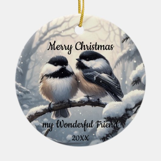Custom Dated Christmas Vriend Chickadee Vogels Keramisch Ornament (Voorkant)