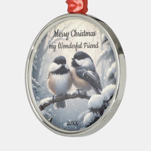 Custom Dated Christmas Vriend Chickadee Vogels Metalen Ornament (Links)