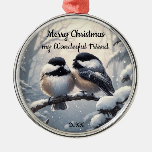 Custom Dated Christmas Vriend Chickadee Vogels Metalen Ornament (Voorkant)