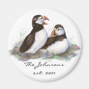 Custom Dated Familie Monogram Leuke Puffins Magneet