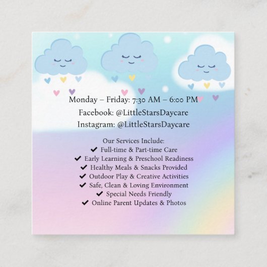 Custom Daycare Business Card | Cute Pastel Rainbow Vierkante Visitekaartje (Achterkant)