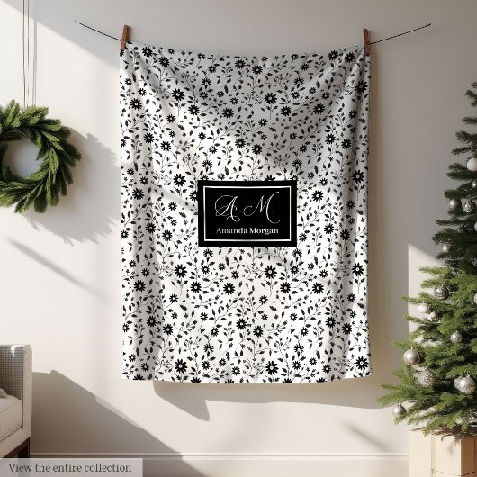 Custom Decorative Blanket Black White Wildflowers  Fleece Deken