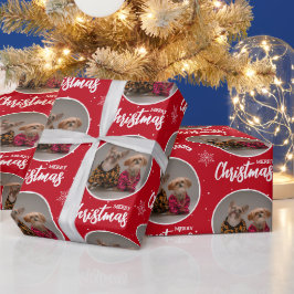 Custom Deep Red Merry Christmas One Circle Photo Cadeaupapier