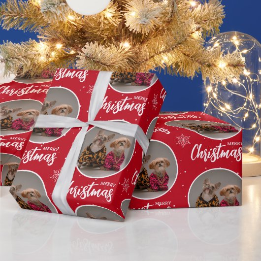 Custom Deep Red Merry Christmas One Circle Photo Cadeaupapier (Feestdagen)