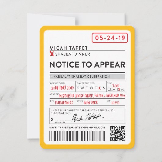 CUSTOM DESIGN Bar Mitzvah New York Ticket Kaart (Voorkant)