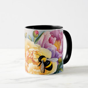 Custom Design Koffie Mok Pioenen en de bij