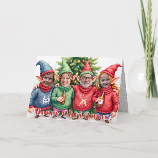 Custom Digital Add Your Face 4 Photo Elves Funny Kaart (Voorkant)
