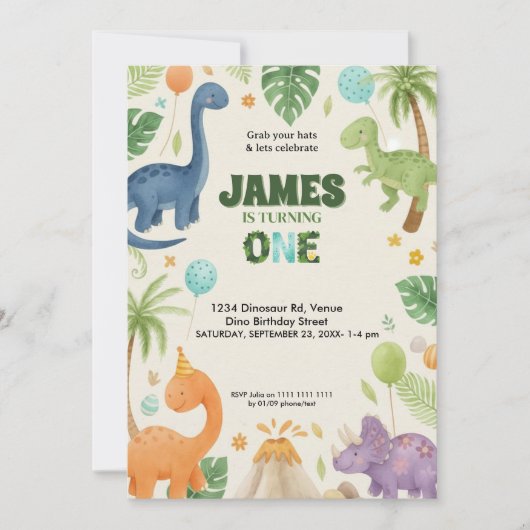 Custom Dino Jungle 1st Birthday Invitation Kaart (Voorkant)