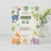 Custom Dino Jungle 1st Birthday Invitation  Kaart (Staand voorkant)