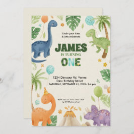 Custom Dino Jungle 1st Birthday Invitation  Kaart