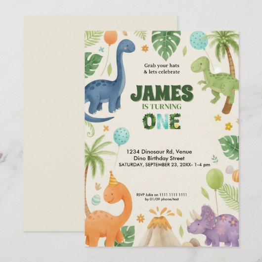 Custom Dino Jungle 1st Birthday Invitation  Kaart (Voorkant / Achterkant)