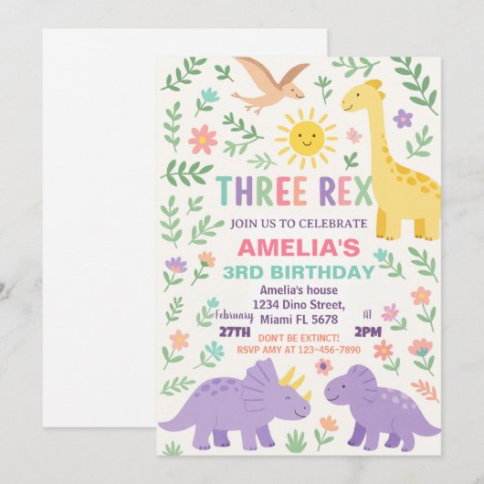 Custom Dino Party Uitnodiging voor Jongens & Meisj (Voorkant / Achterkant)