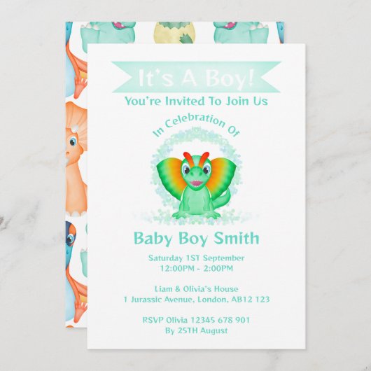 Custom Dino Waterverf Dinosaur Boy Baby shower Kaart (Voorkant / Achterkant)