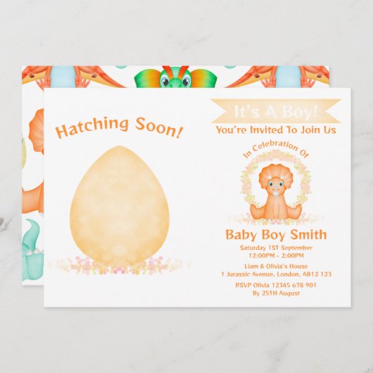 Custom Dino Waterverf Dinosaur Boy Baby shower Kaart (Voorkant / Achterkant)