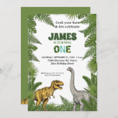 Custom Dinosaur Jungle 1st Birthday Invitation Kaart (Voorkant / Achterkant)