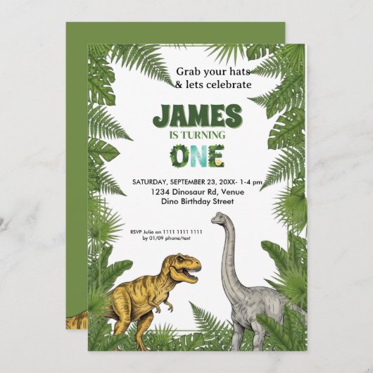 Custom Dinosaur Jungle 1st Birthday Invitation Kaart (Voorkant / Achterkant)