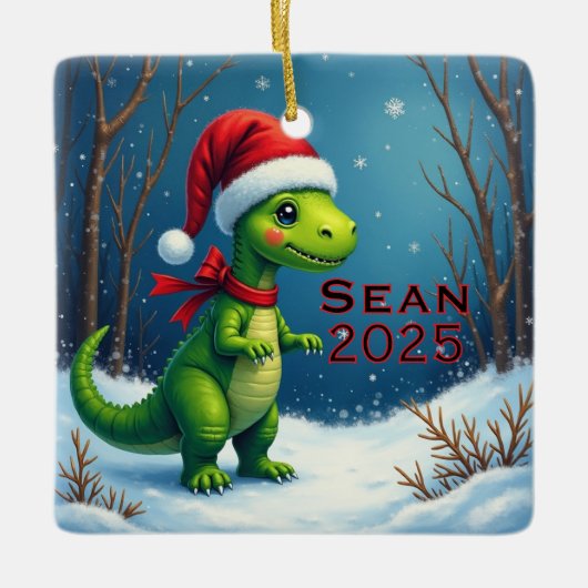 Custom Dinosaur Red Bow Keramisch Ornament (Voorkant)