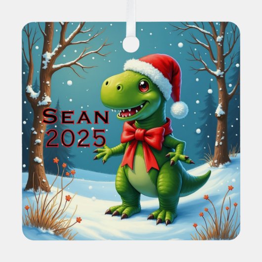 Custom Dinosaur Red Bow Metalen Ornament (Voorkant)