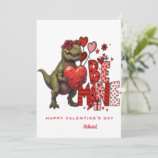 Custom Dinosaur Valentine Card – T‑Rex Be Mine Kaart (Staand voorkant)