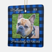 Custom Dog Blue Plaid Kerstmis 2 Pet Foto Keramisch Ornament (Links)