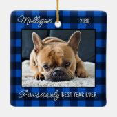 Custom Dog Blue Plaid Kerstmis 2 Pet Foto Keramisch Ornament (Achterkant)