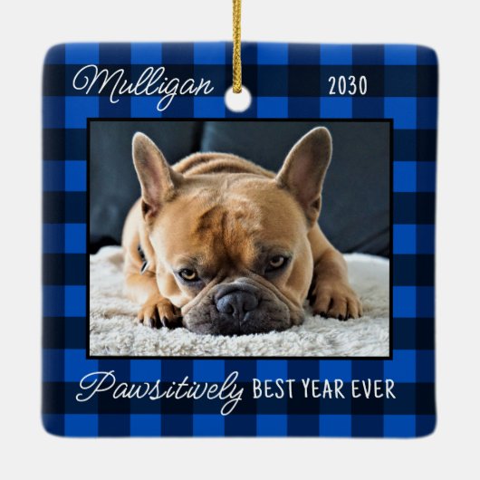 Custom Dog Blue Plaid Kerstmis 2 Pet Foto Keramisch Ornament (Achterkant)