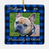 Custom Dog Blue Plaid Kerstmis 2 Pet Foto Keramisch Ornament (Voorkant)