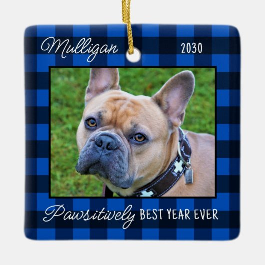 Custom Dog Blue Plaid Kerstmis 2 Pet Foto Keramisch Ornament (Voorkant)